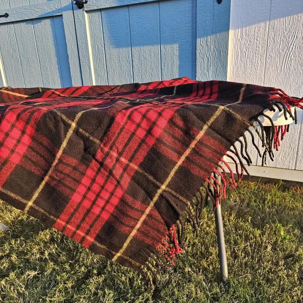 Made In Romania 100% Virgin Wool Throw Blanket Red Black Yellow Tartan Plaid EUC
